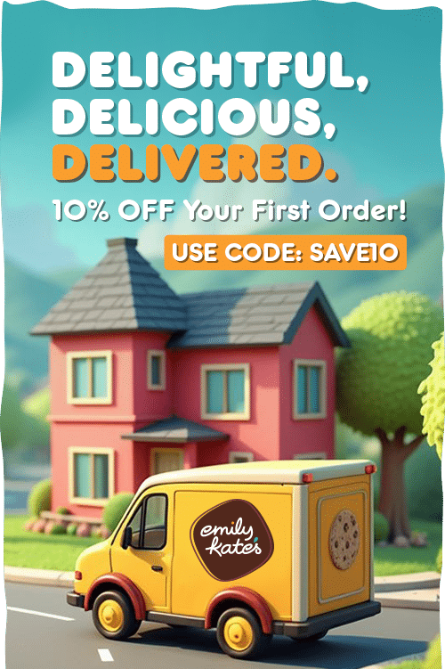 Nationwide delivery now available notice, picture of cute delivery truck of emily kate's delivering delicious gluten free goodies