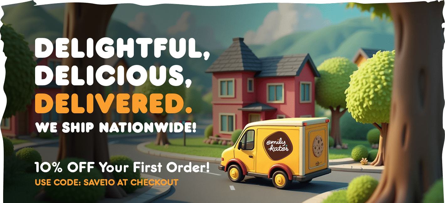 Nationwide delivery now available notice, picture of cute delivery truck of emily kate's delivering delicious gluten free goodies