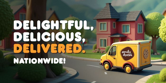 Nationwide delivery now available notice, picture of cute delivery truck of emily kate's delivering delicious gluten free goodies