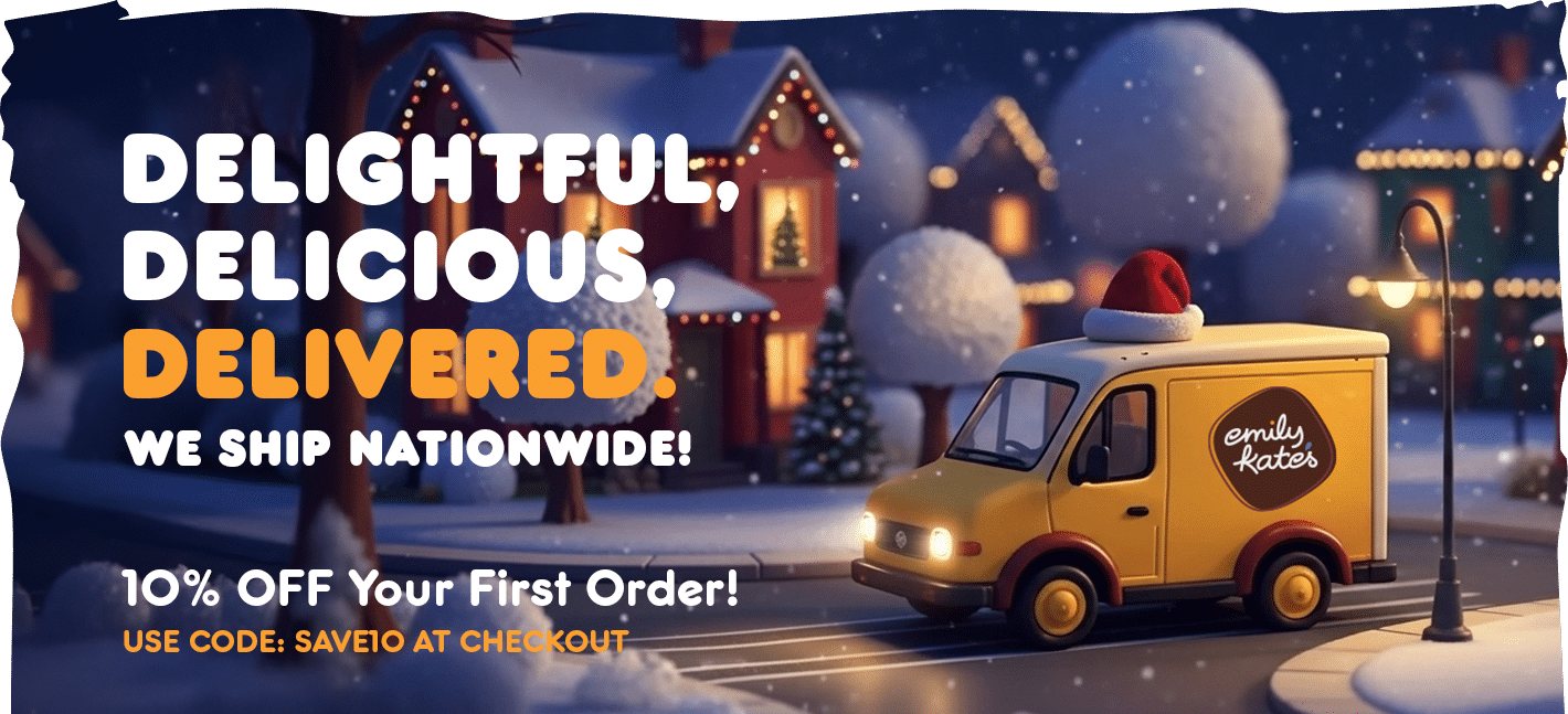 Nationwide delivery now available notice, picture of cute delivery truck of emily kate's delivering delicious gluten free goodies